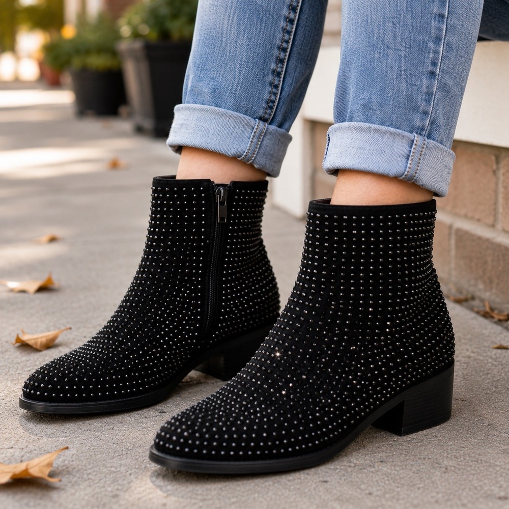 Art Class Rhinestone Ankle Boots Girls 5 Womens 7 Black Side Zip Sparkle EUC